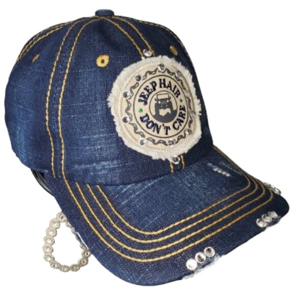 Jeep Hair Don't Care Denim Distressed Fitted Baseball Cap with Swarovski Crystal - Picture 4 of 5